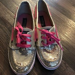 Sparkle pink and gold sperrys